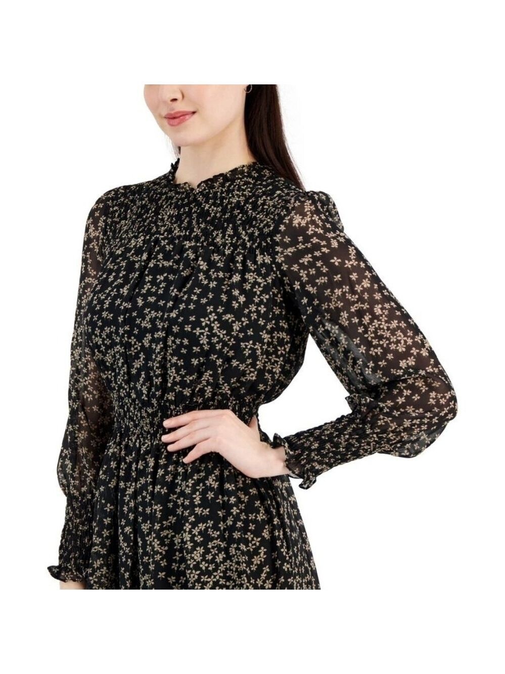 Taylor Women's Printed Smocked-Waist Tiered Chiffon Dress - Black/Latte - Picture 3 of 14